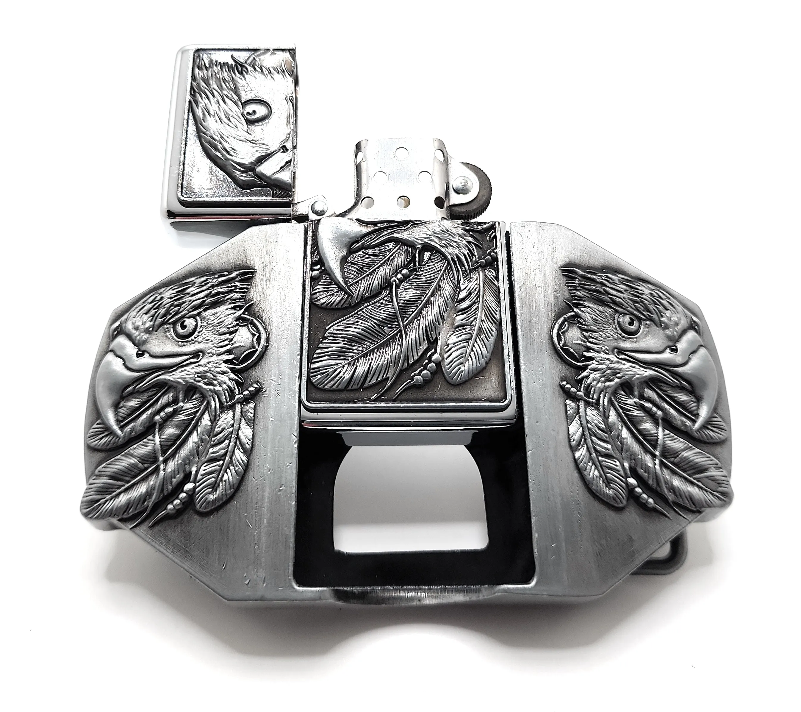 Triple Eagles Silver Lighter Belt Buckle / Flip Style Lighter Holder Buckle