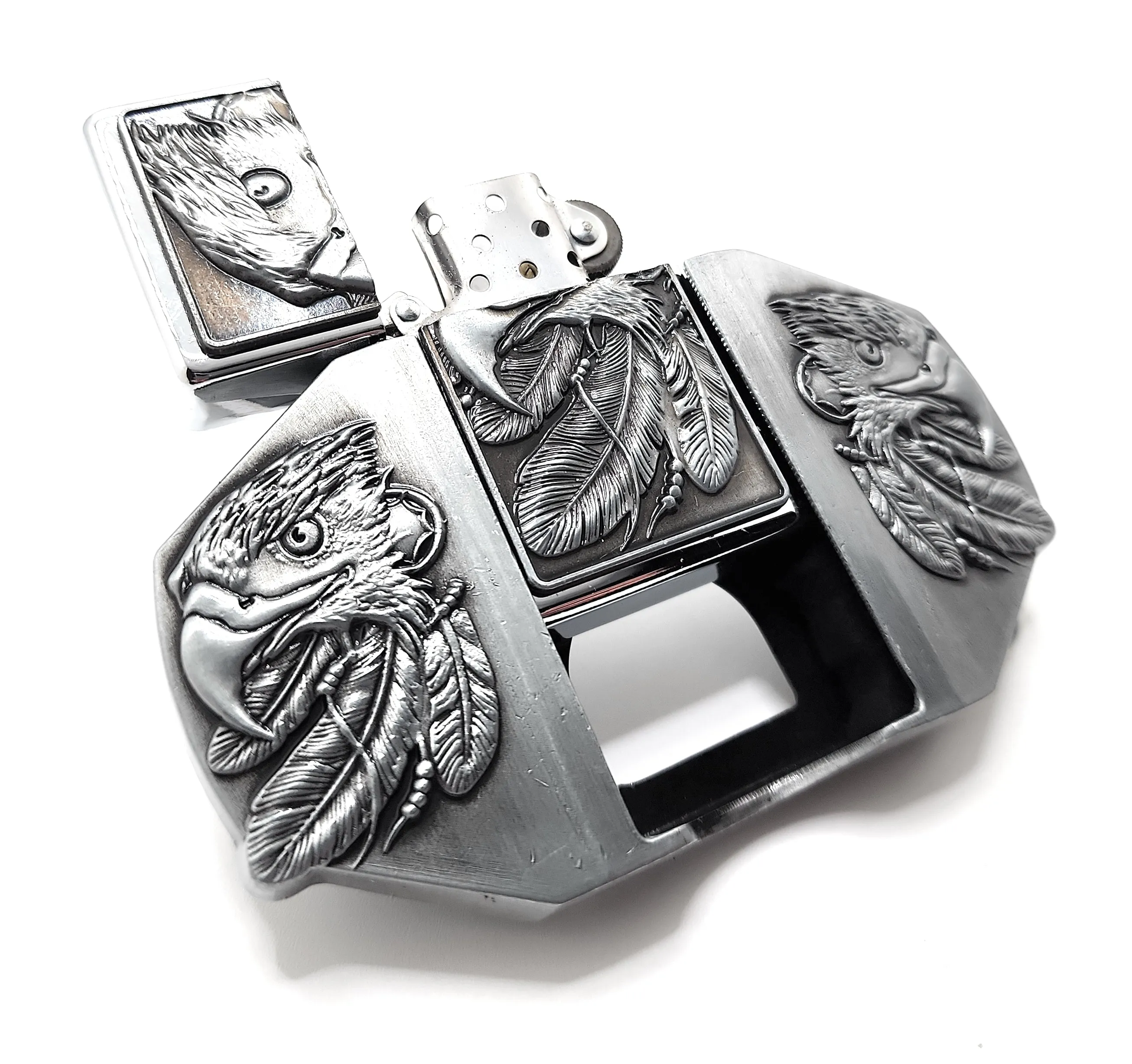 Triple Eagles Silver Lighter Belt Buckle / Flip Style Lighter Holder Buckle