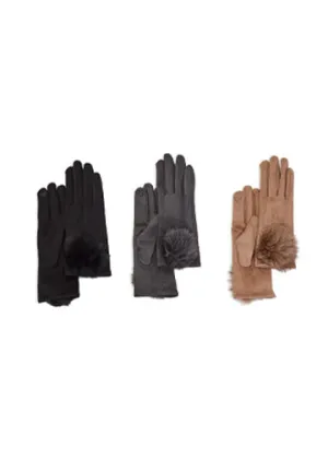 Two's Company Per-Suede Me Microsuede Gloves with Genuine Fur Pom Pom Fleece Lining and Touchscreen Fingertips