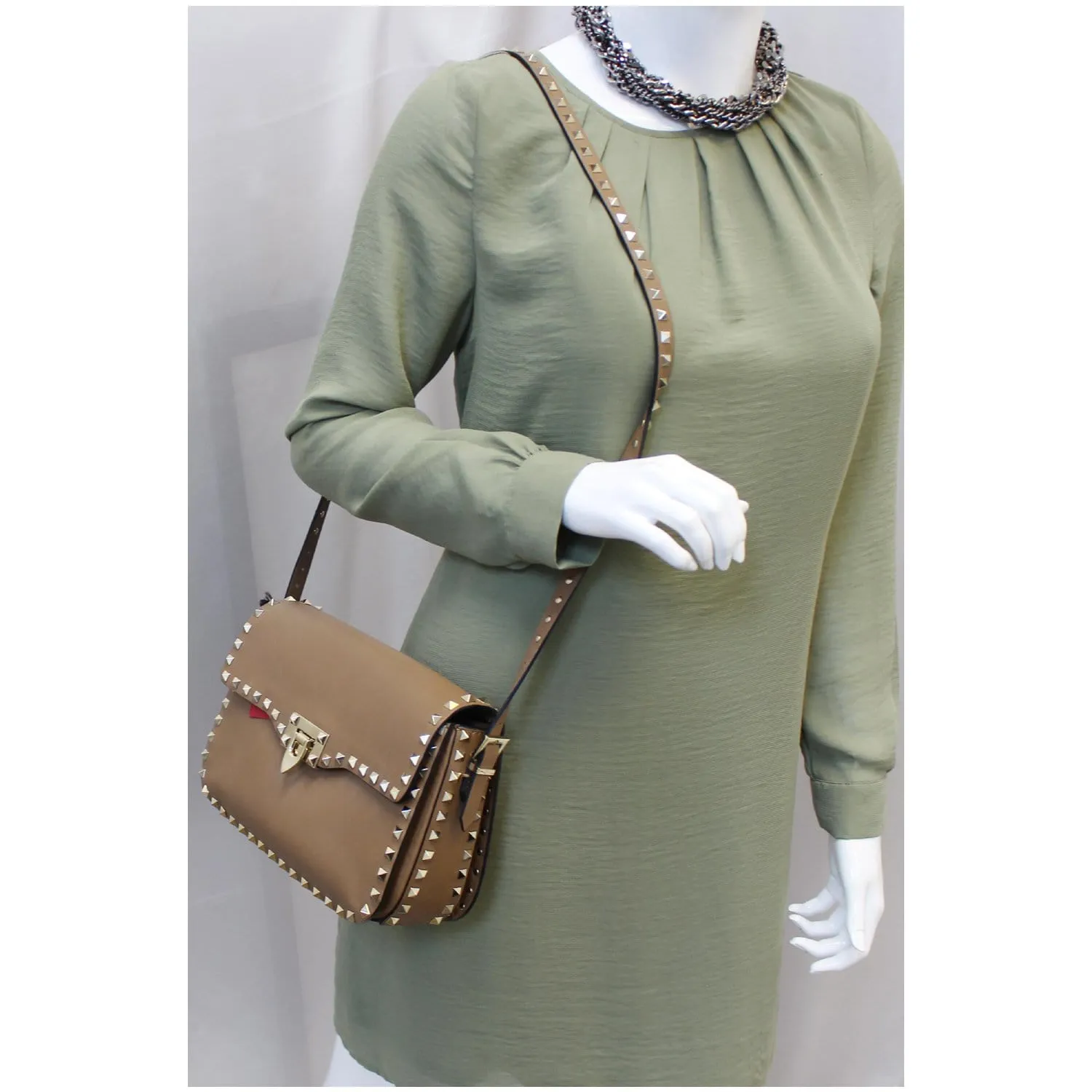 Valentino Rockstud Flap Leather Crossbody Bag Taupe