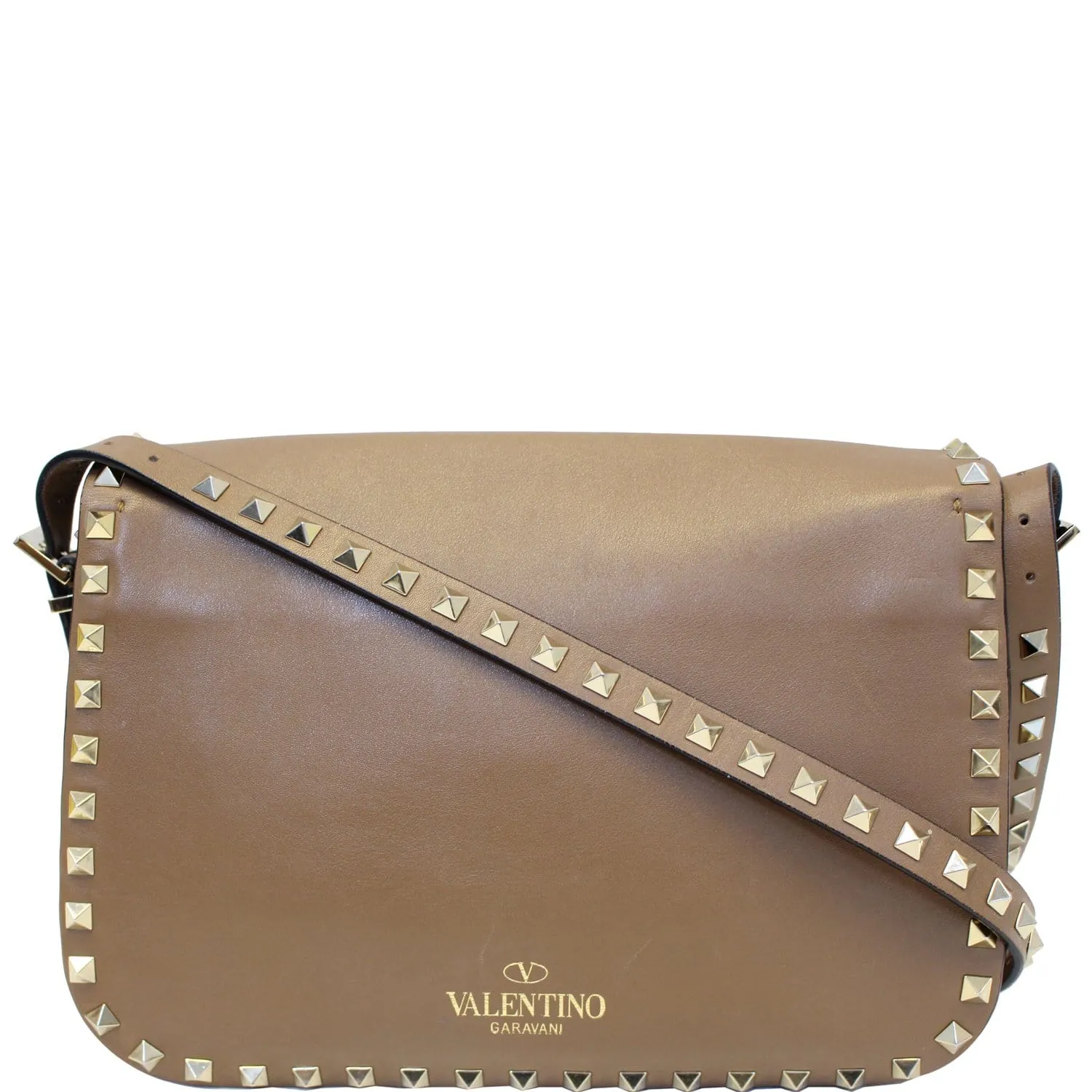 Valentino Rockstud Flap Leather Crossbody Bag Taupe