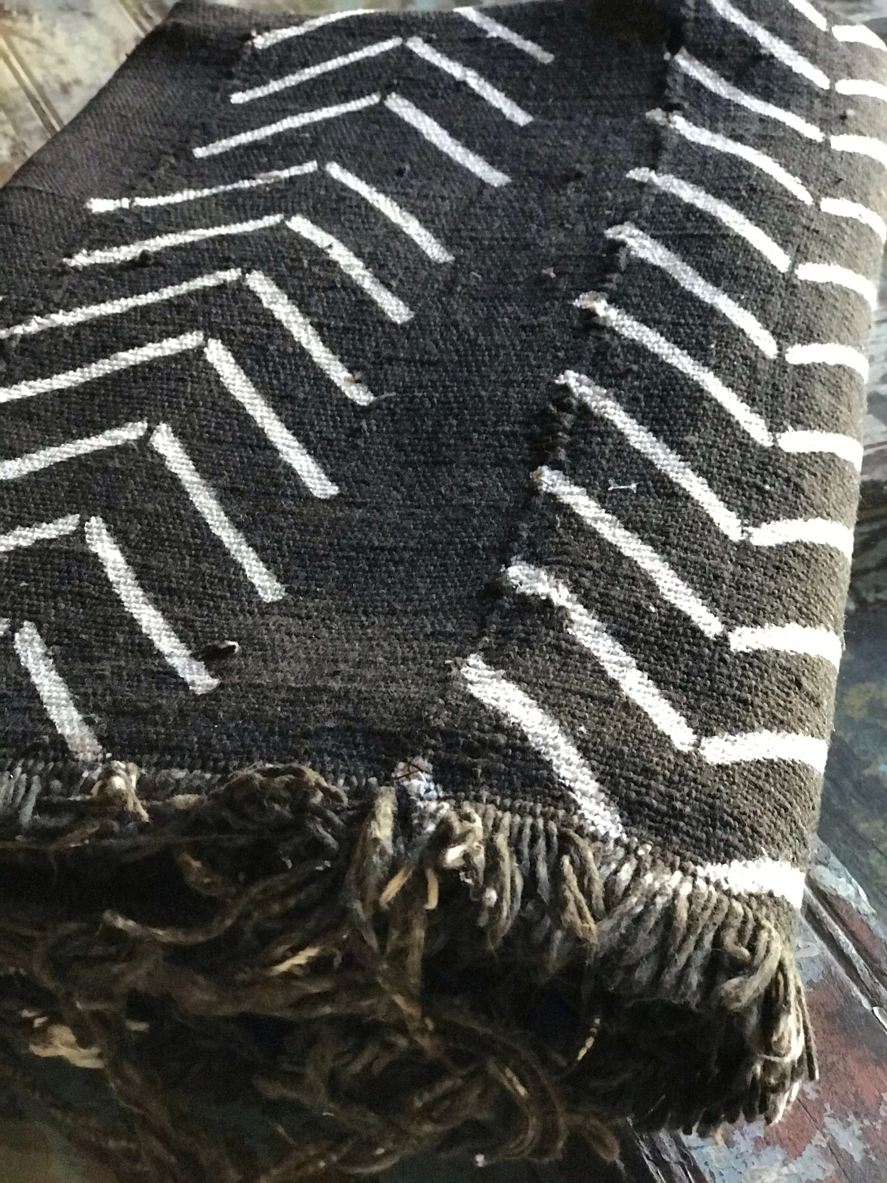 Vintage African Black Mudcloth with White chevrons