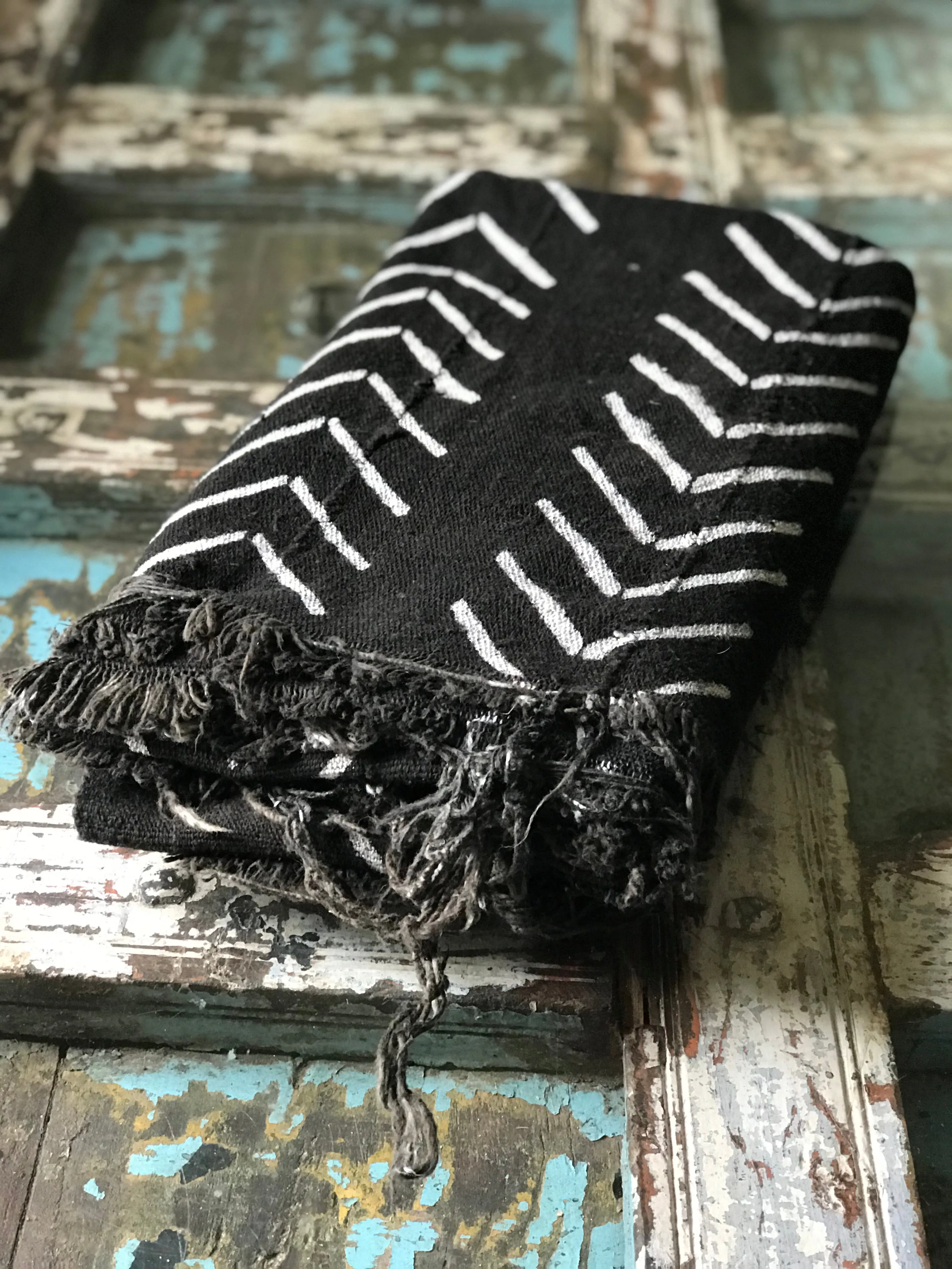 Vintage African Black Mudcloth with White chevrons