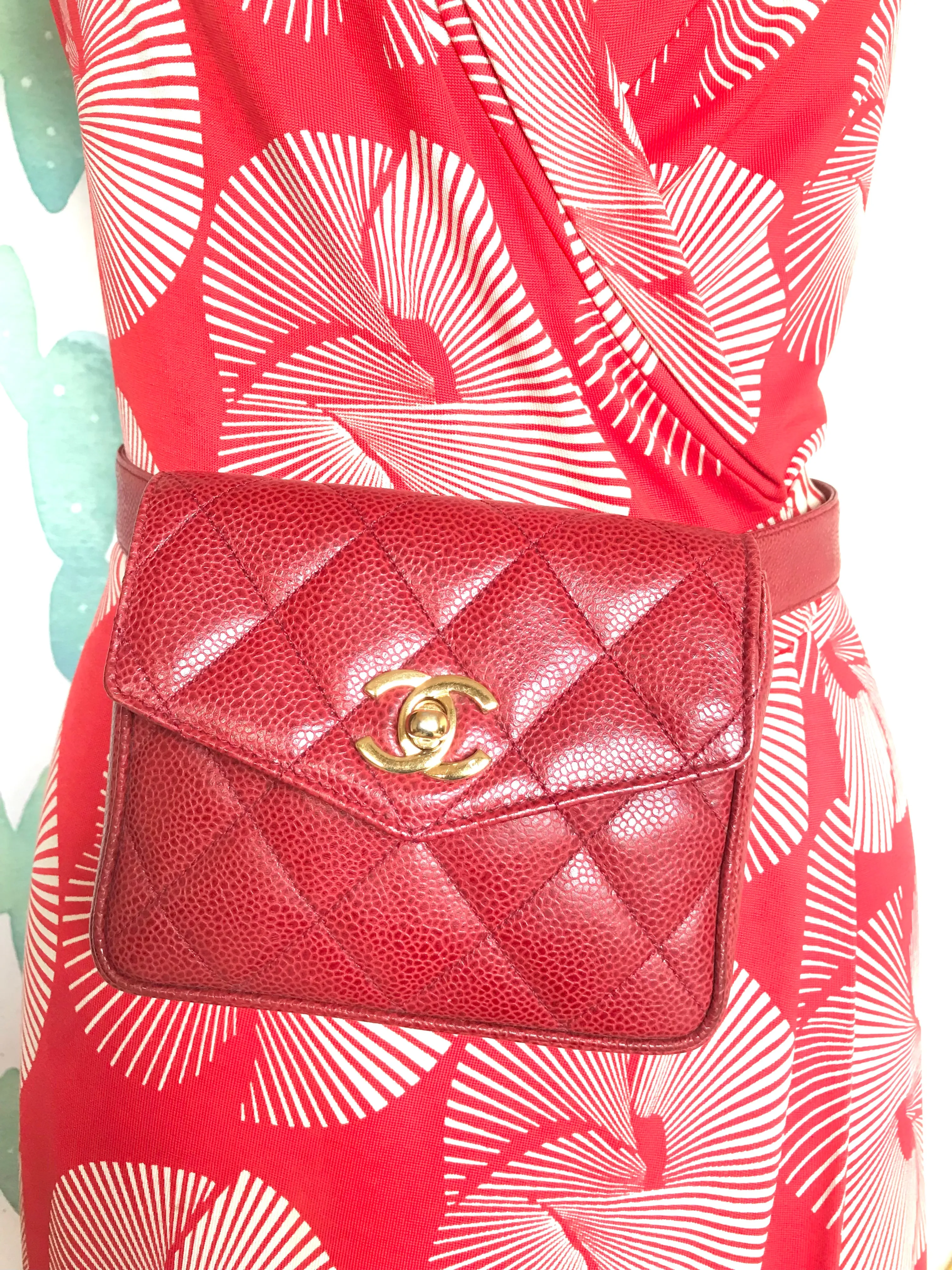 Vintage CHANEL 2.55 red caviar waist bag, fanny pack with belt and golden CC closure hock. Would fit waist 28.3”~ 30.7”(72~78cm)