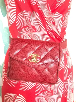Vintage CHANEL 2.55 red caviar waist bag, fanny pack with belt and golden CC closure hock. Would fit waist 28.3”~ 30.7”(72~78cm)