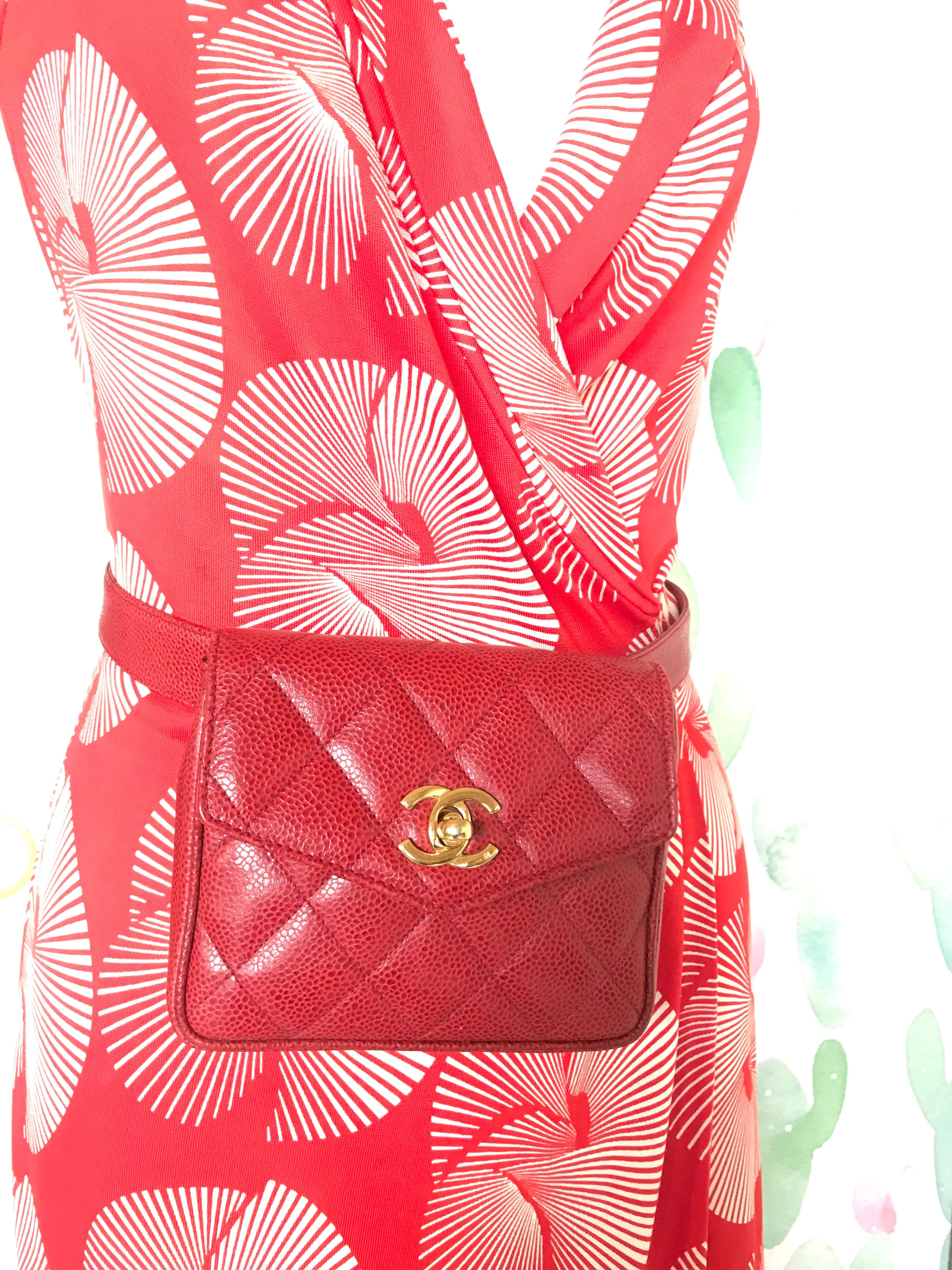 Vintage CHANEL 2.55 red caviar waist bag, fanny pack with belt and golden CC closure hock. Would fit waist 28.3”~ 30.7”(72~78cm)