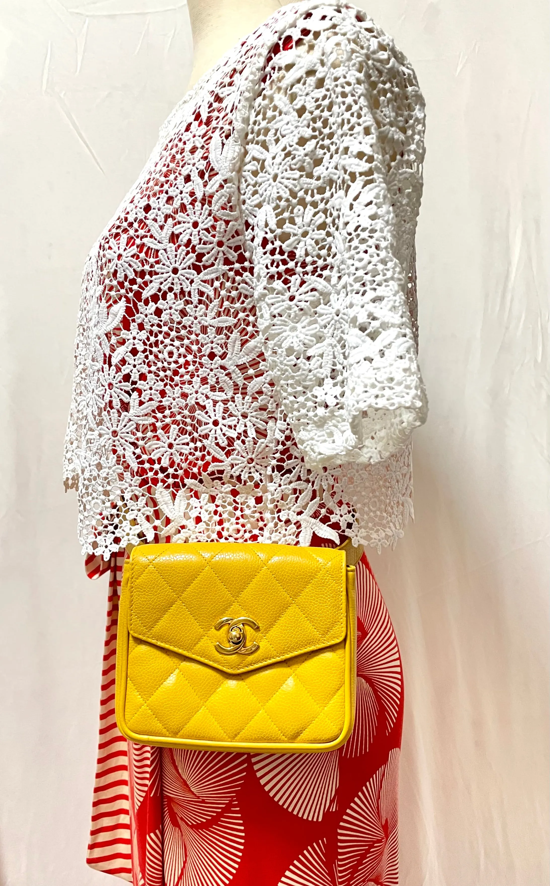 Vintage CHANEL 2.55 yellow caviar fanny pack, waist bag, belt bag and golden CC hock. Would fit waist 28”~ 32”(71-81.5cm). 070107ac1