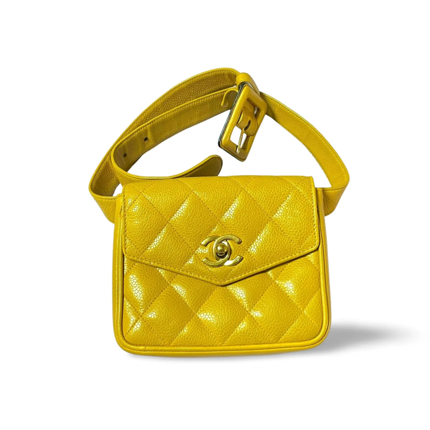 Vintage CHANEL 2.55 yellow caviar fanny pack, waist bag, belt bag and golden CC hock. Would fit waist 28”~ 32”(71-81.5cm). 070107ac1