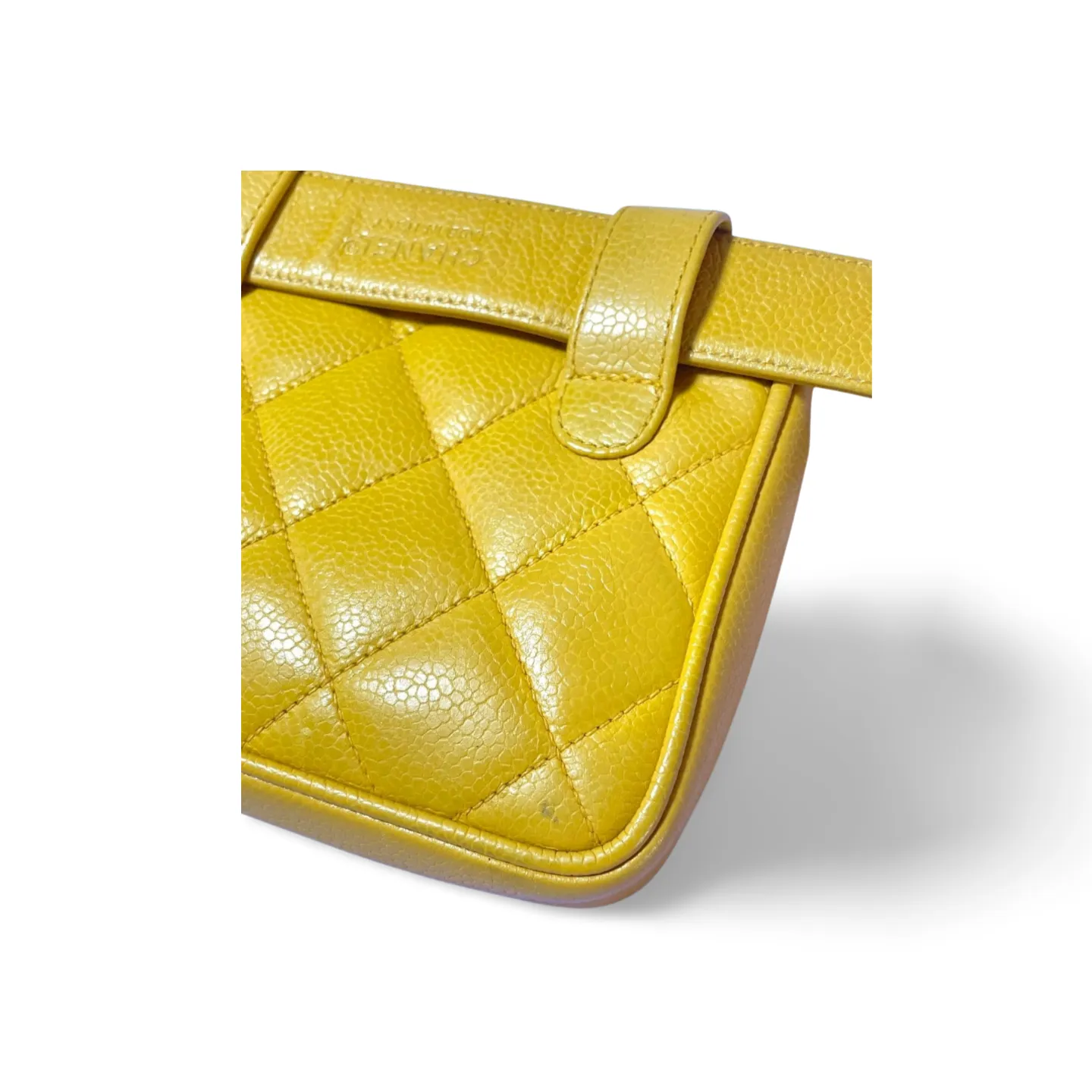 Vintage CHANEL 2.55 yellow caviar fanny pack, waist bag, belt bag and golden CC hock. Would fit waist 28”~ 32”(71-81.5cm). 070107ac1
