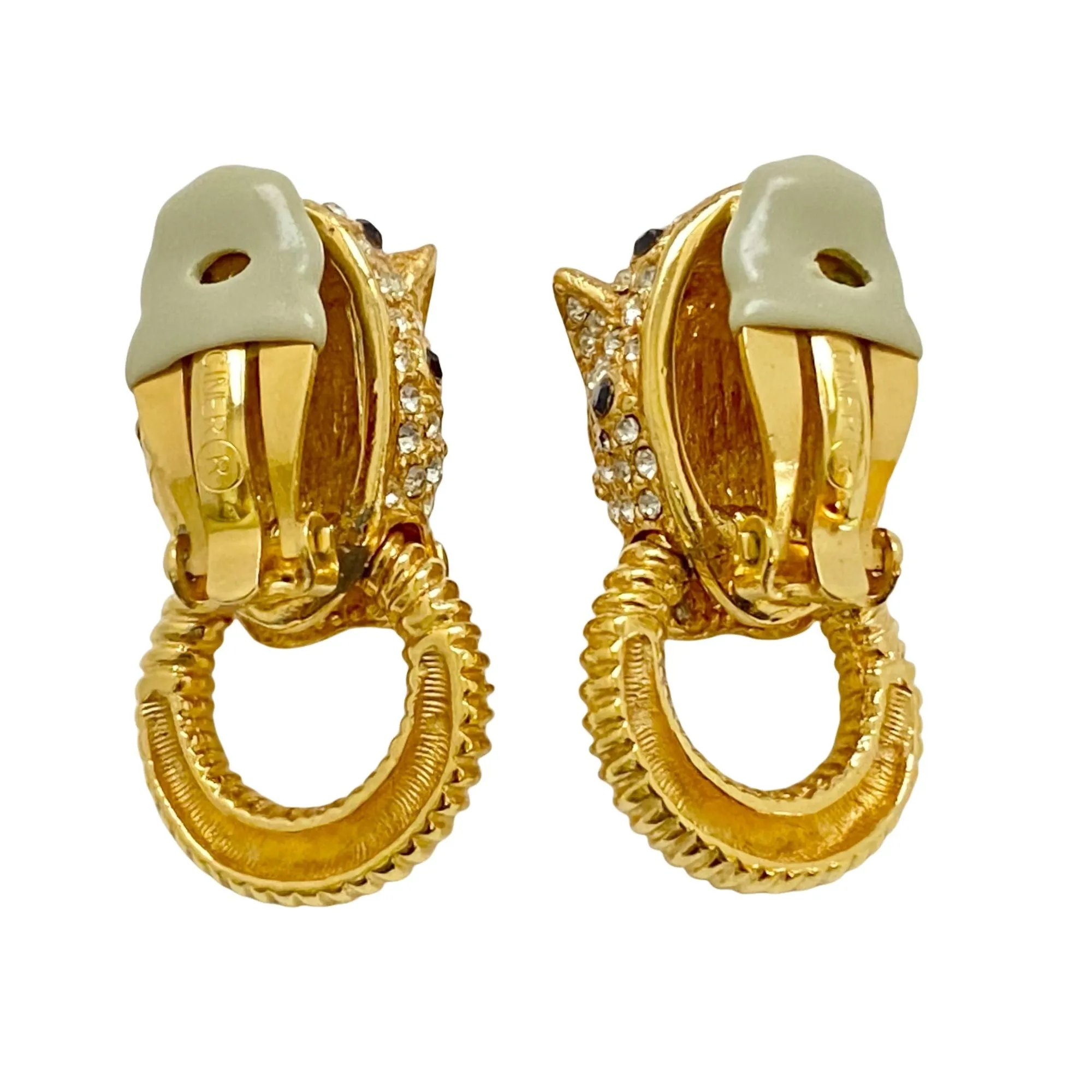 Vintage Ciner Leopard Door-knocker Rhinestone Earrings