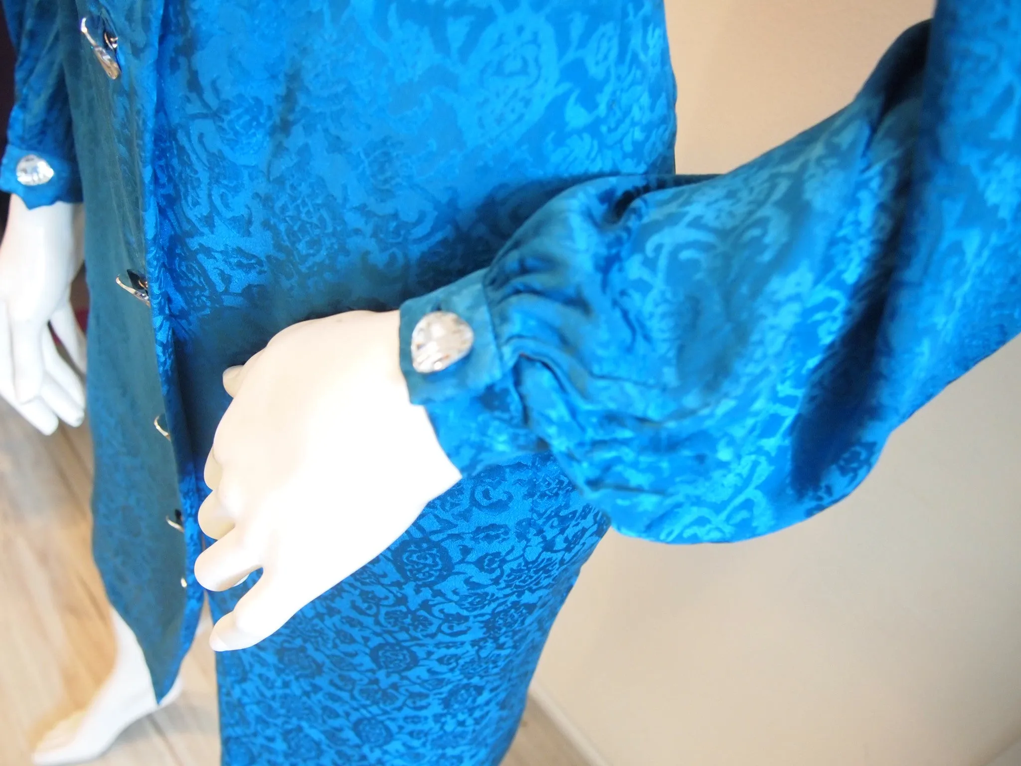Vintage Trigere Electric Blue Jacquard Long Sleeve Dress