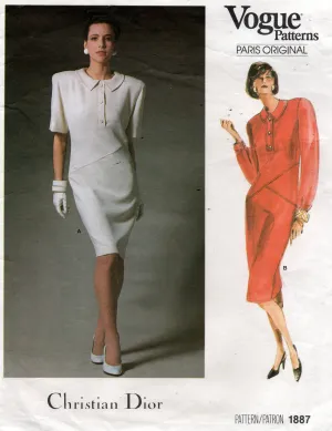 Vogue Paris Original 1887 CHRISTIAN DIOR Womens Lined Dress with Asymmetric Seam Detail & Collar 1980s Vintage Sewing Pattern Size 12 Bust 34 inches