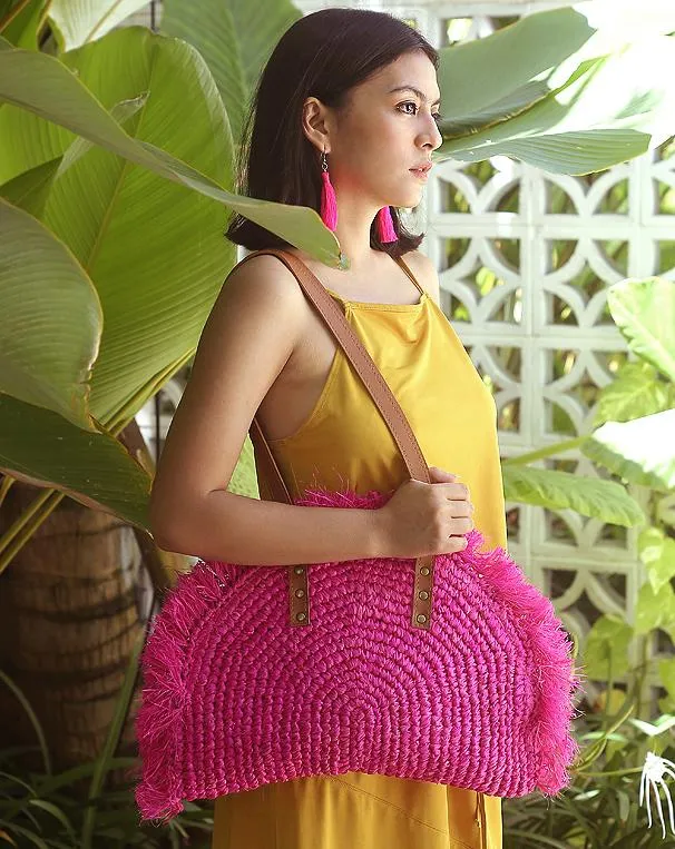Warrior Bag, Hot Pink Woven Raffia Straw Bag