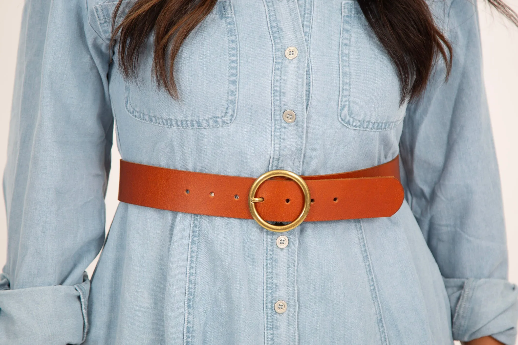 Wide Brass-Toned Single Ring Buckle Leather Belt | Cognac