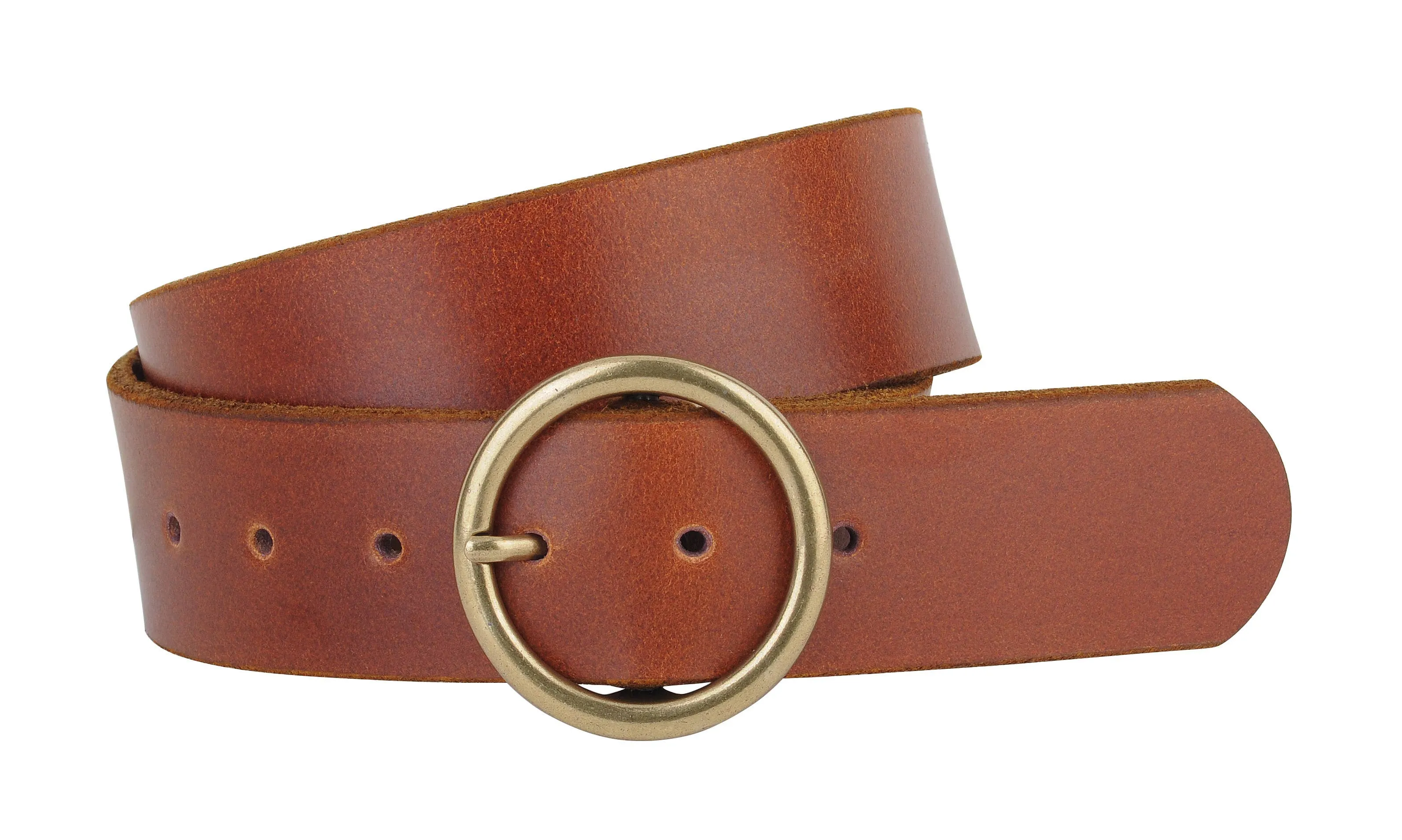 Wide Brass-Toned Single Ring Buckle Leather Belt | Cognac