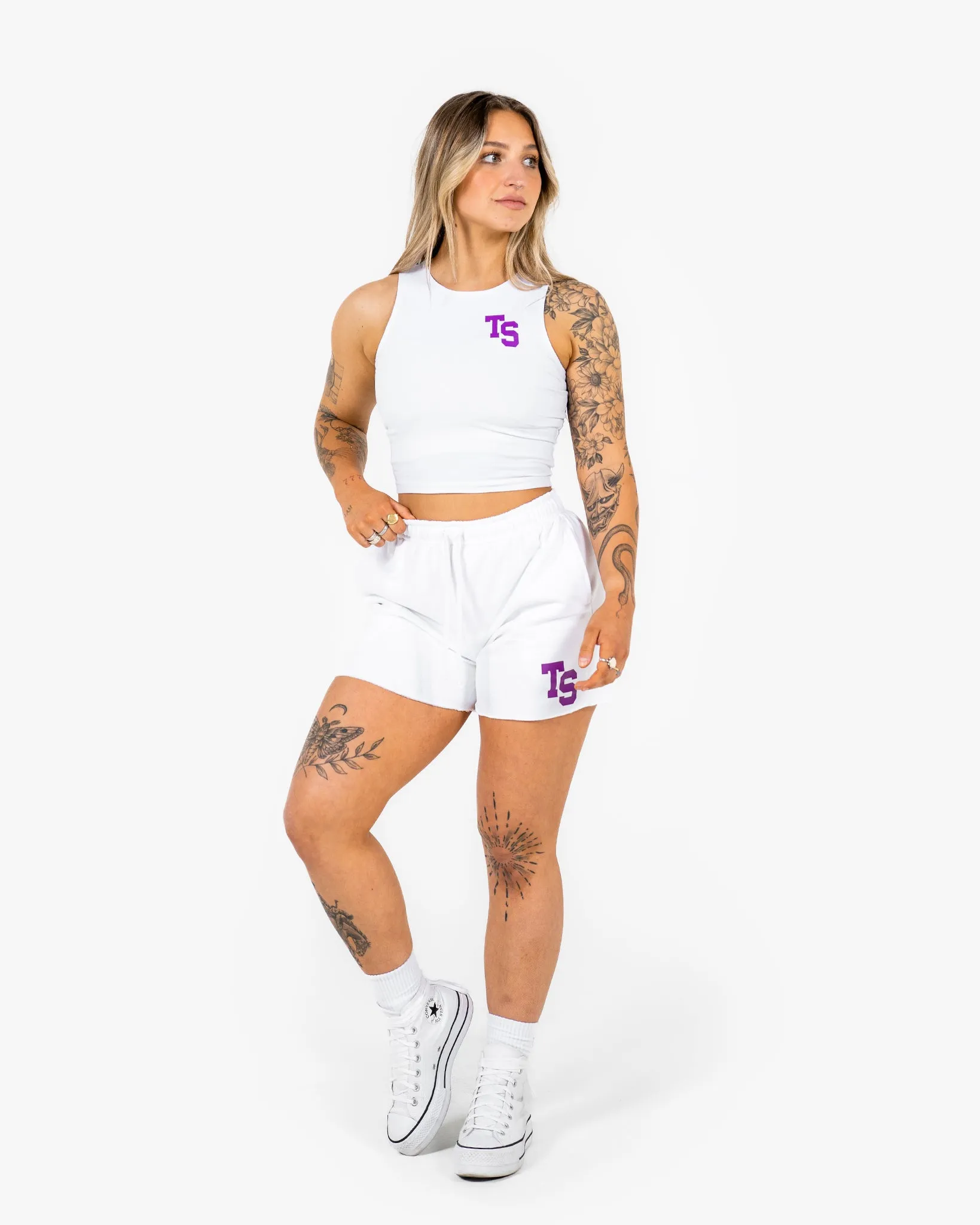 WKND Fitted Crop Tank - White w/ Purple