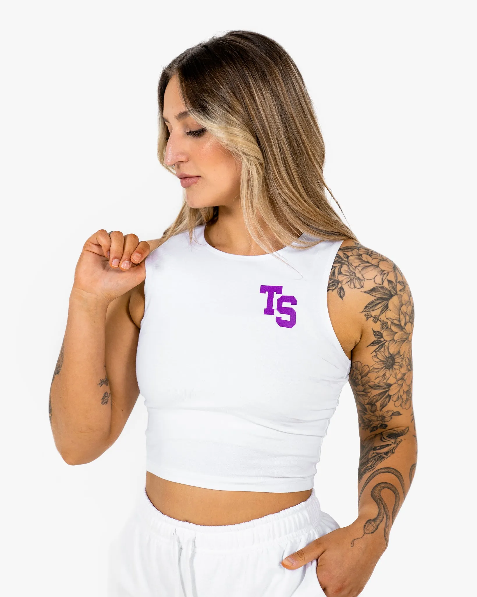 WKND Fitted Crop Tank - White w/ Purple