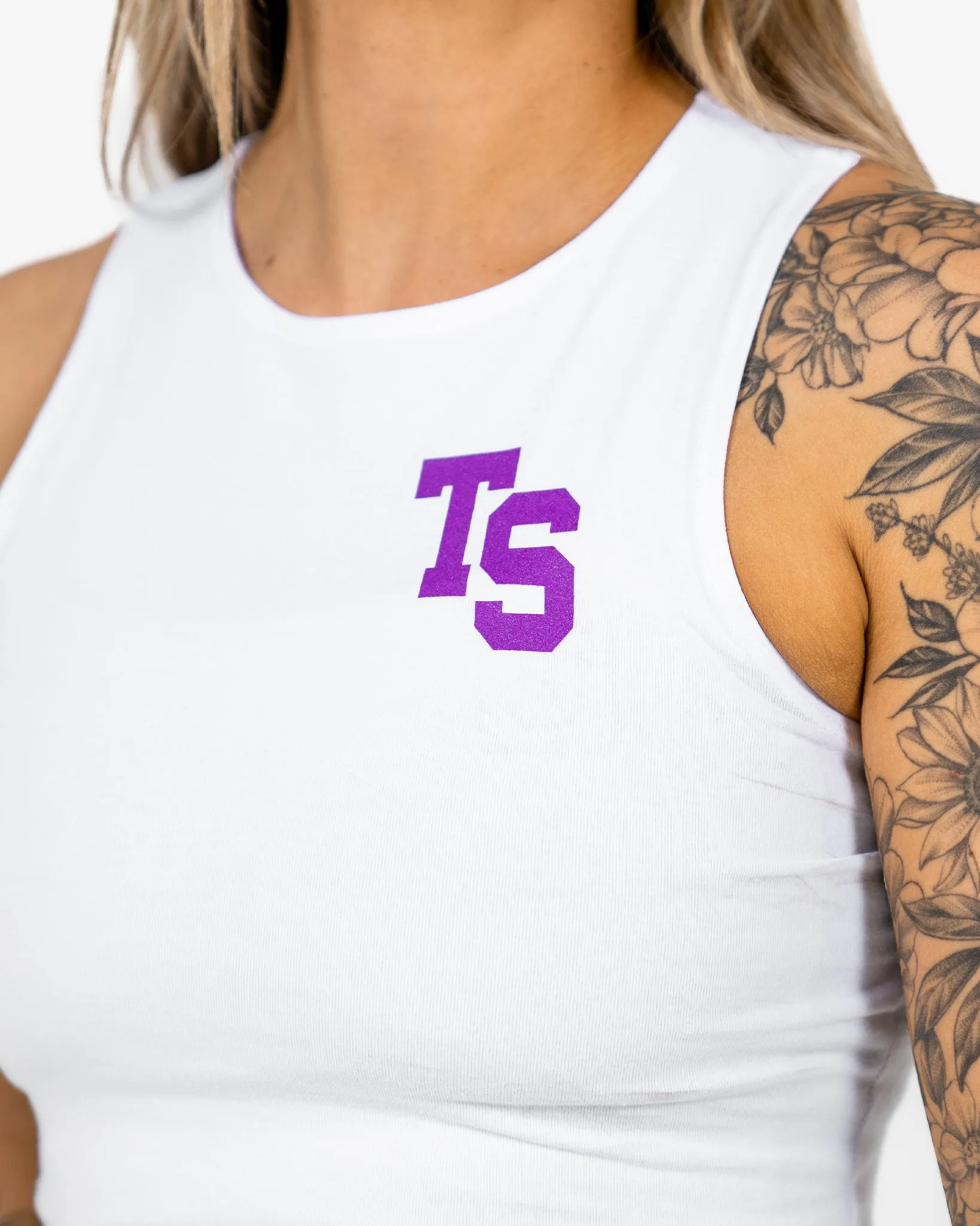 WKND Fitted Crop Tank - White w/ Purple