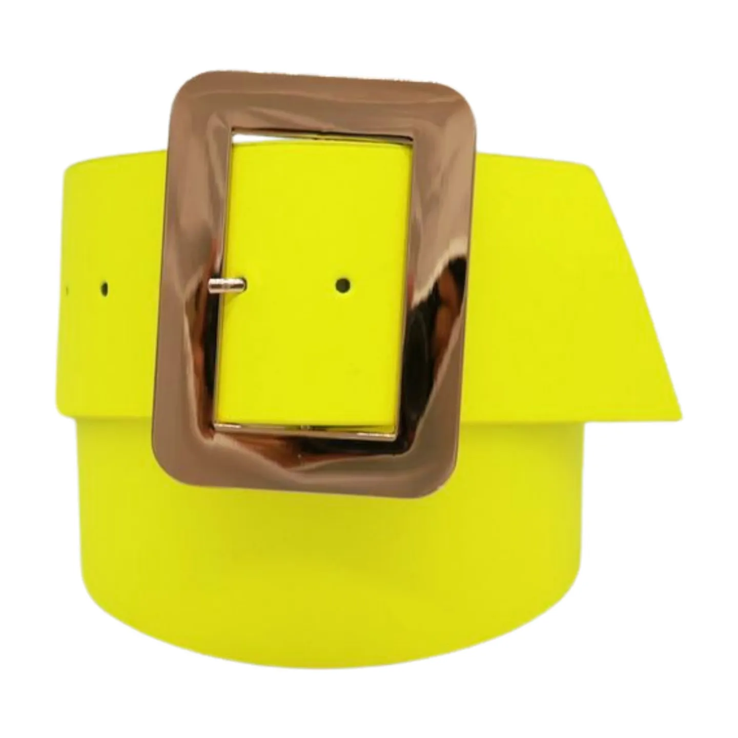 Women Neon Yellow Wide Belt Gold Square Buckle S M