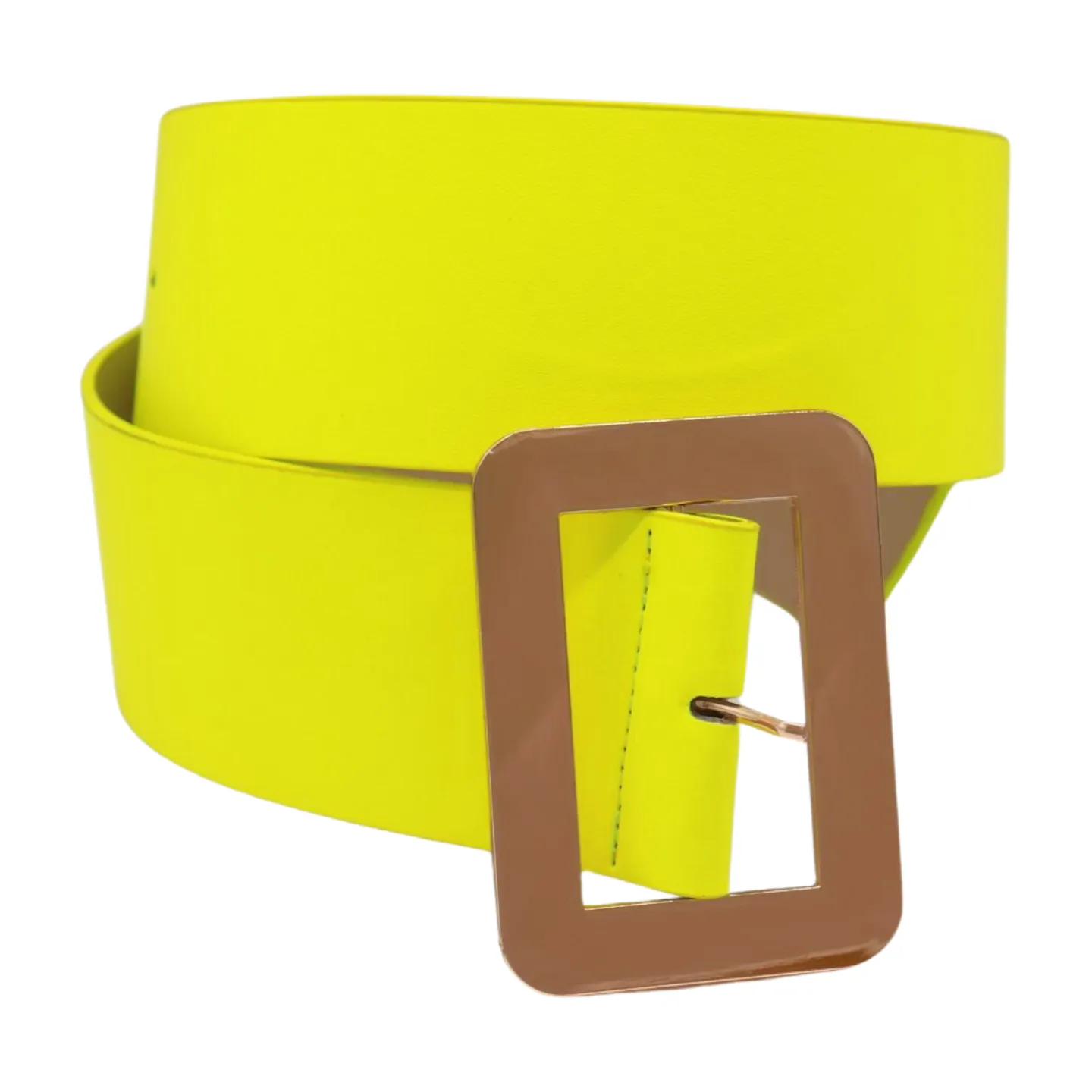 Women Neon Yellow Wide Belt Gold Square Buckle S M