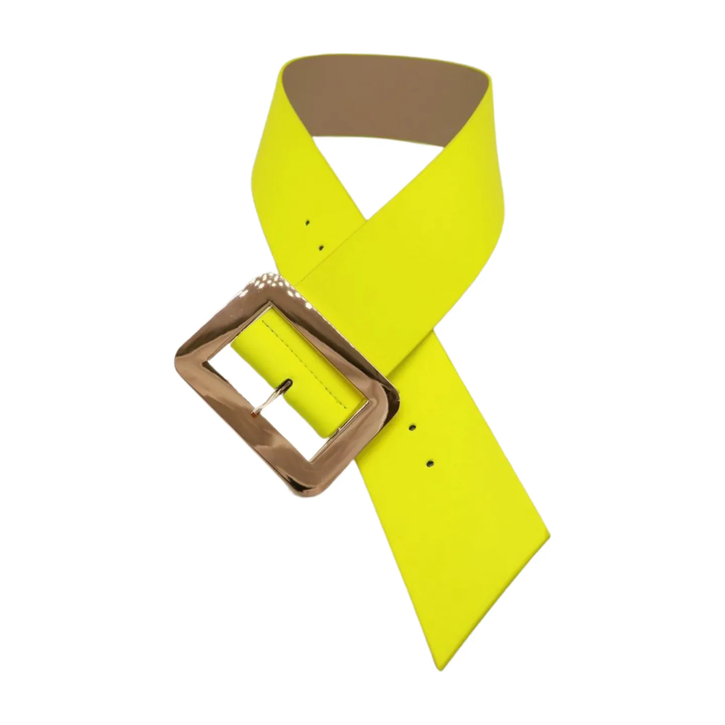 Women Neon Yellow Wide Belt Gold Square Buckle S M