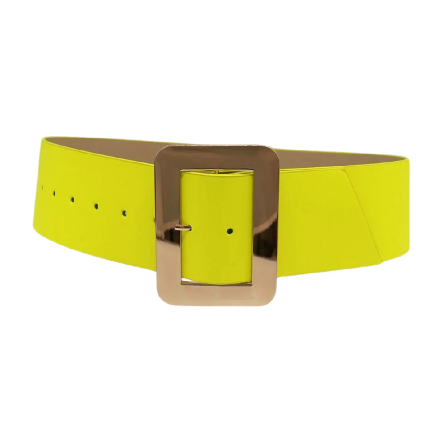 Women Neon Yellow Wide Belt Gold Square Buckle S M