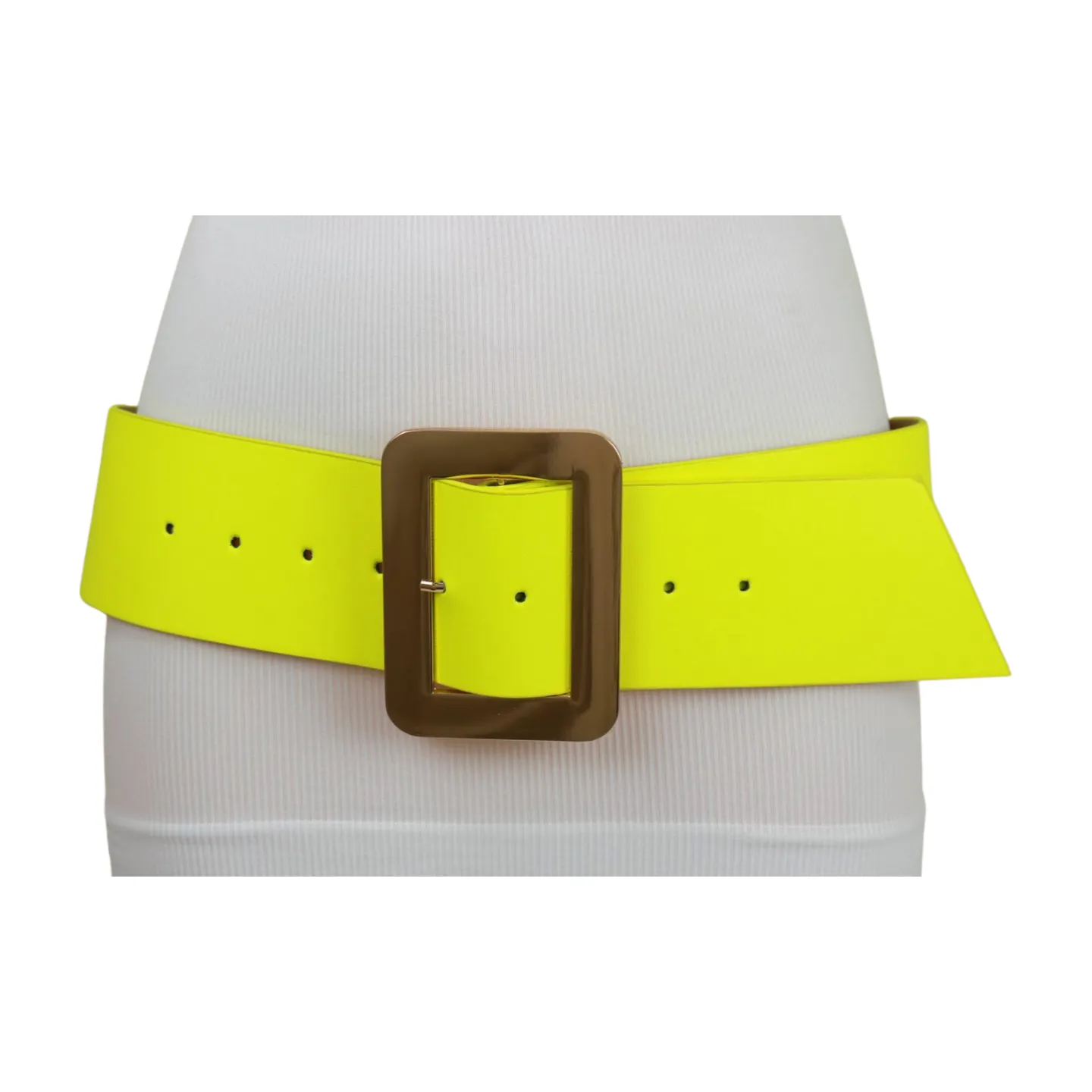 Women Neon Yellow Wide Belt Gold Square Buckle S M