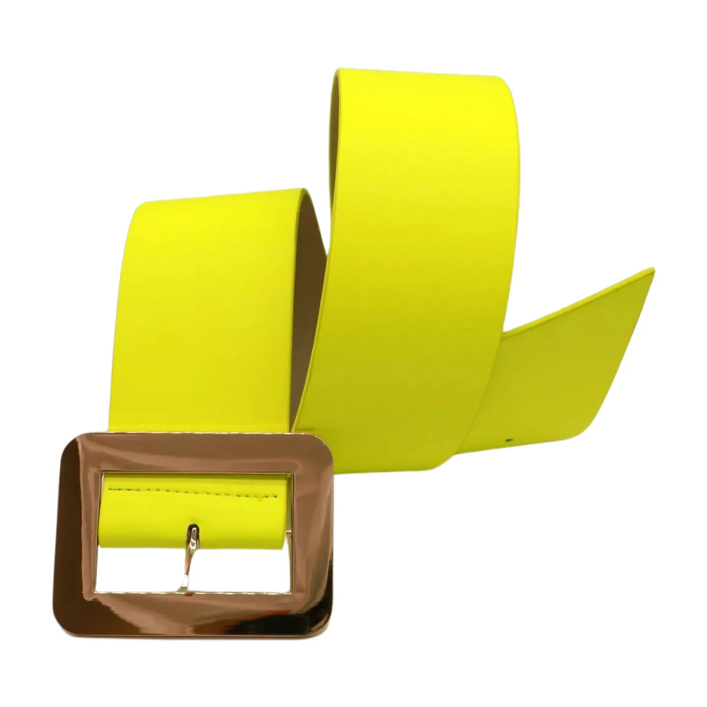 Women Neon Yellow Wide Belt Gold Square Buckle S M