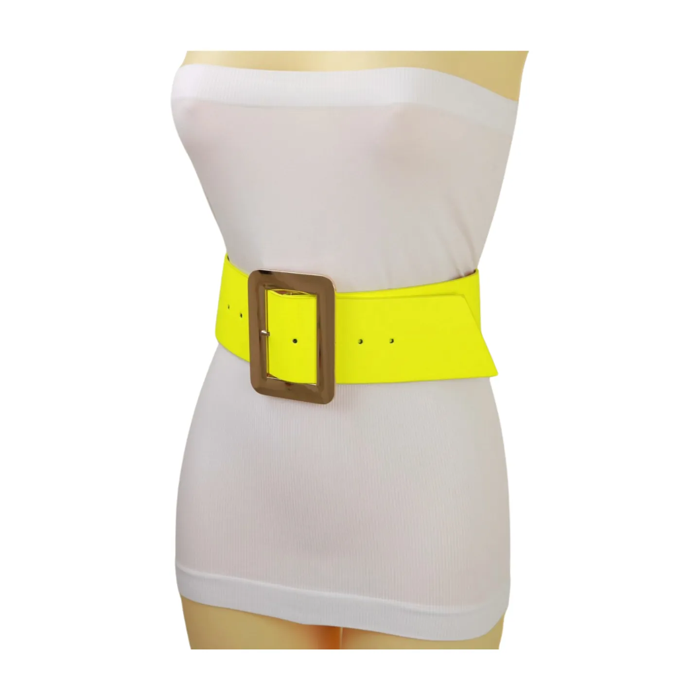 Women Neon Yellow Wide Belt Gold Square Buckle S M