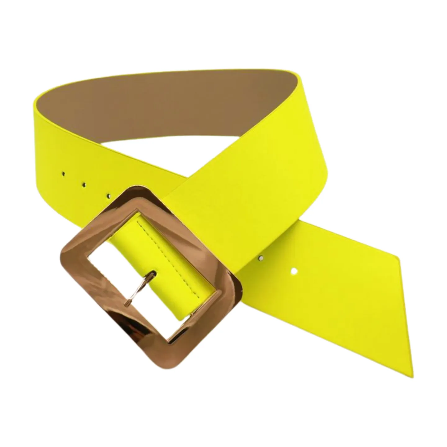 Women Neon Yellow Wide Belt Gold Square Buckle S M
