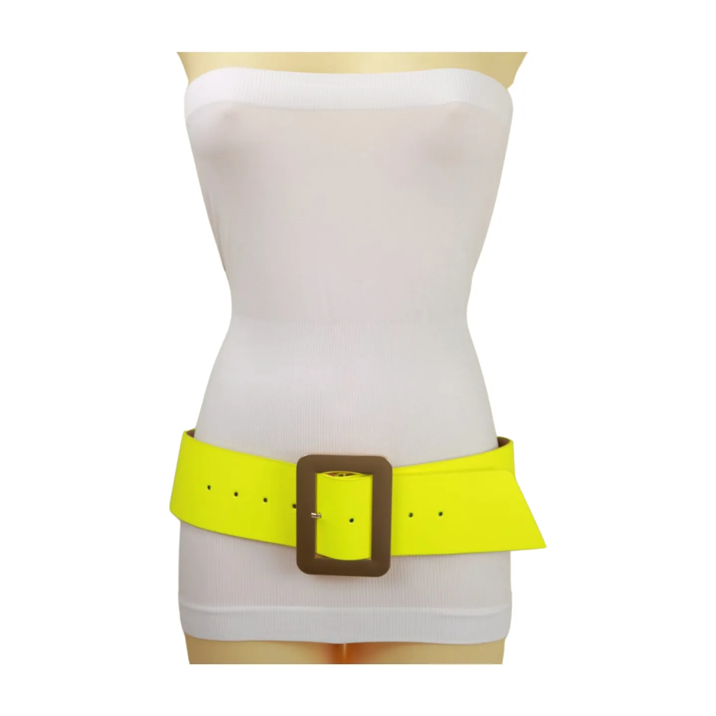 Women Neon Yellow Wide Belt Gold Square Buckle S M