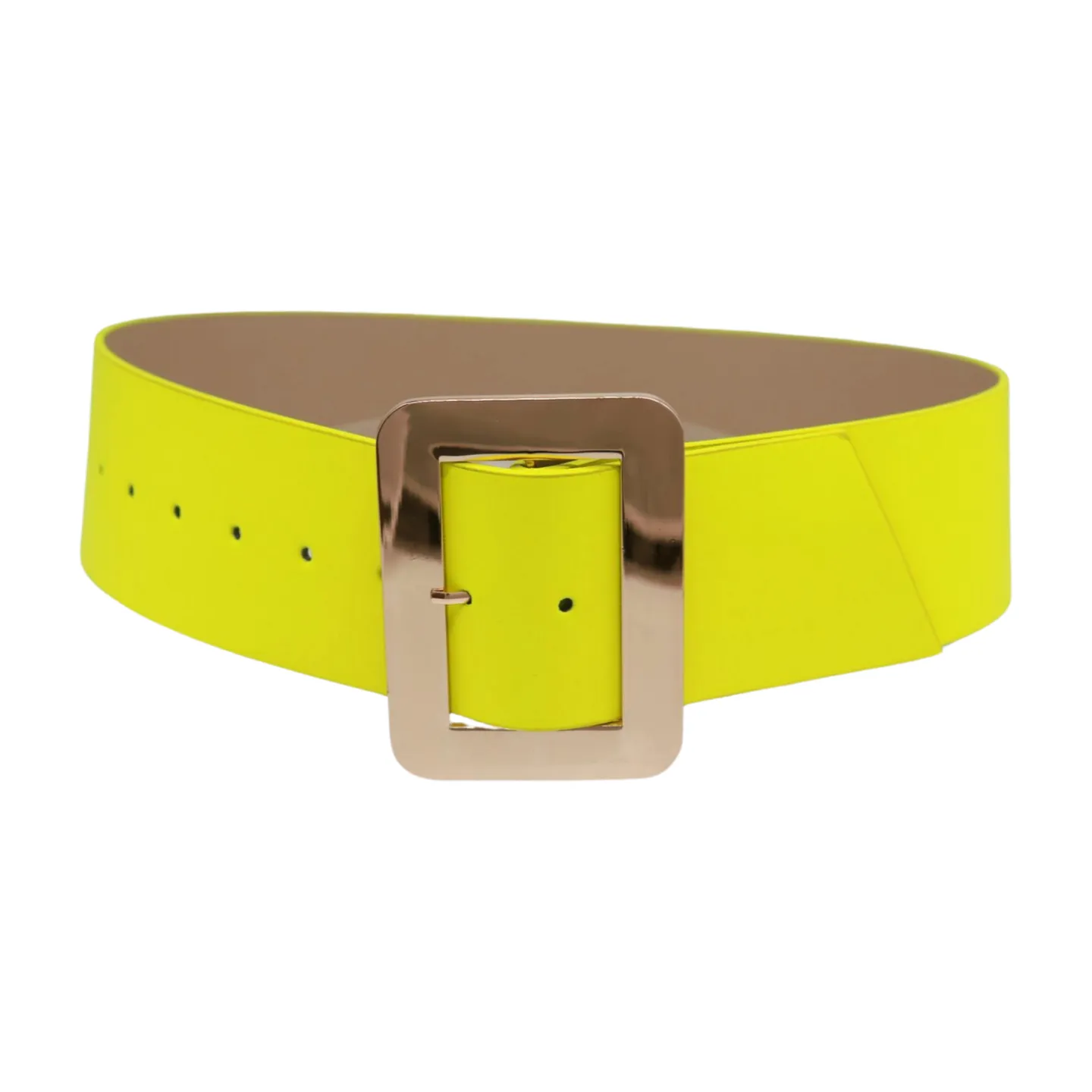 Women Neon Yellow Wide Belt Gold Square Buckle S M