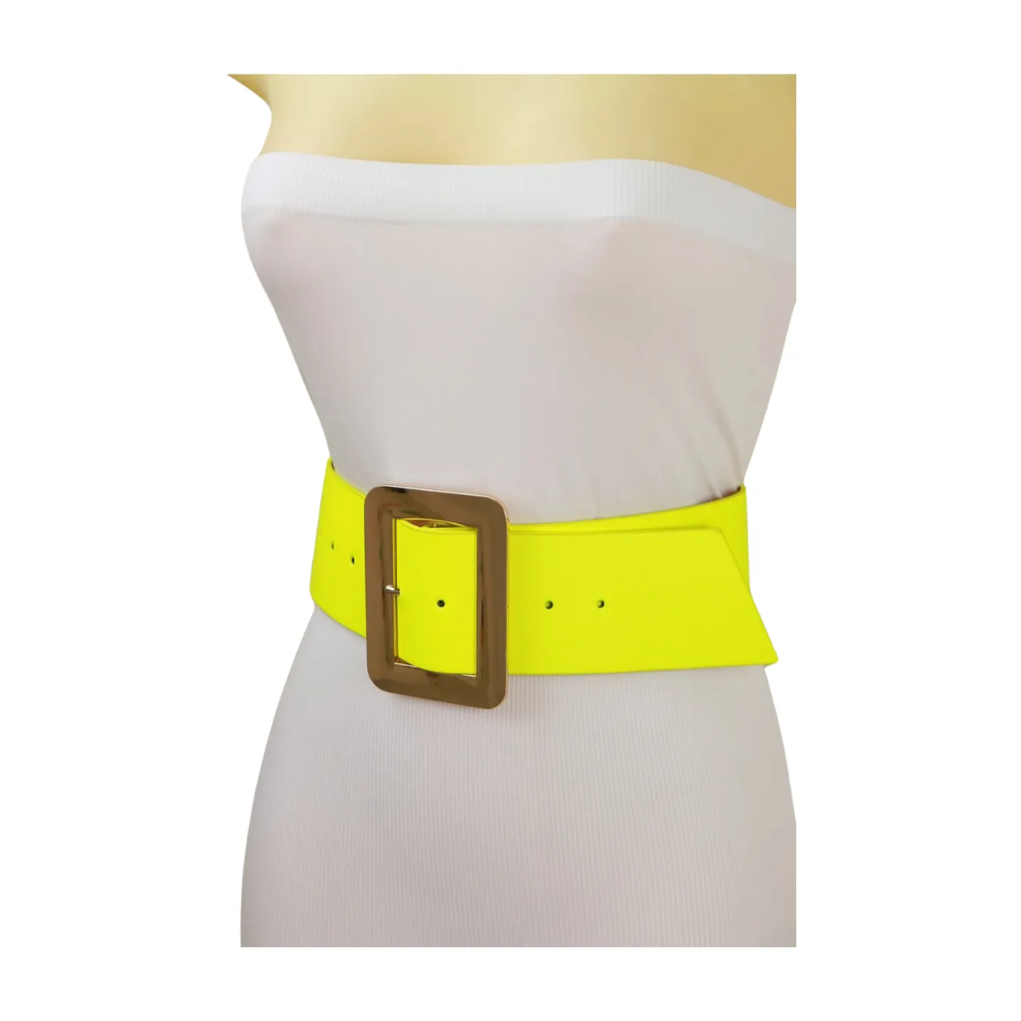 Women Neon Yellow Wide Belt Gold Square Buckle S M