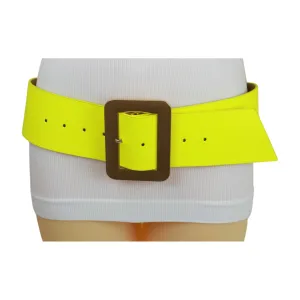 Women Neon Yellow Wide Belt Gold Square Buckle S M
