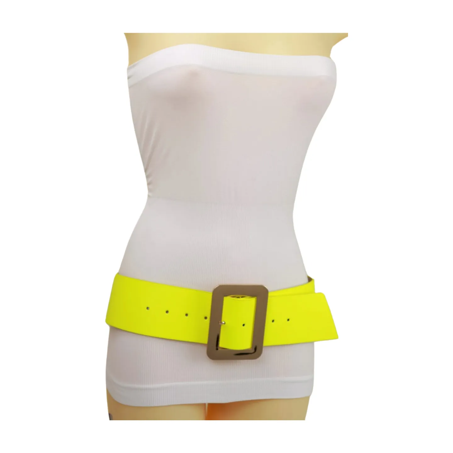 Women Neon Yellow Wide Belt Gold Square Buckle S M