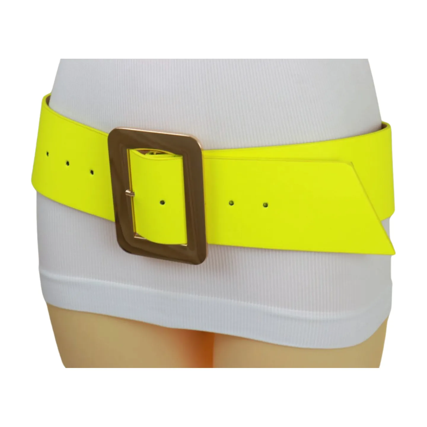 Women Neon Yellow Wide Belt Gold Square Buckle S M