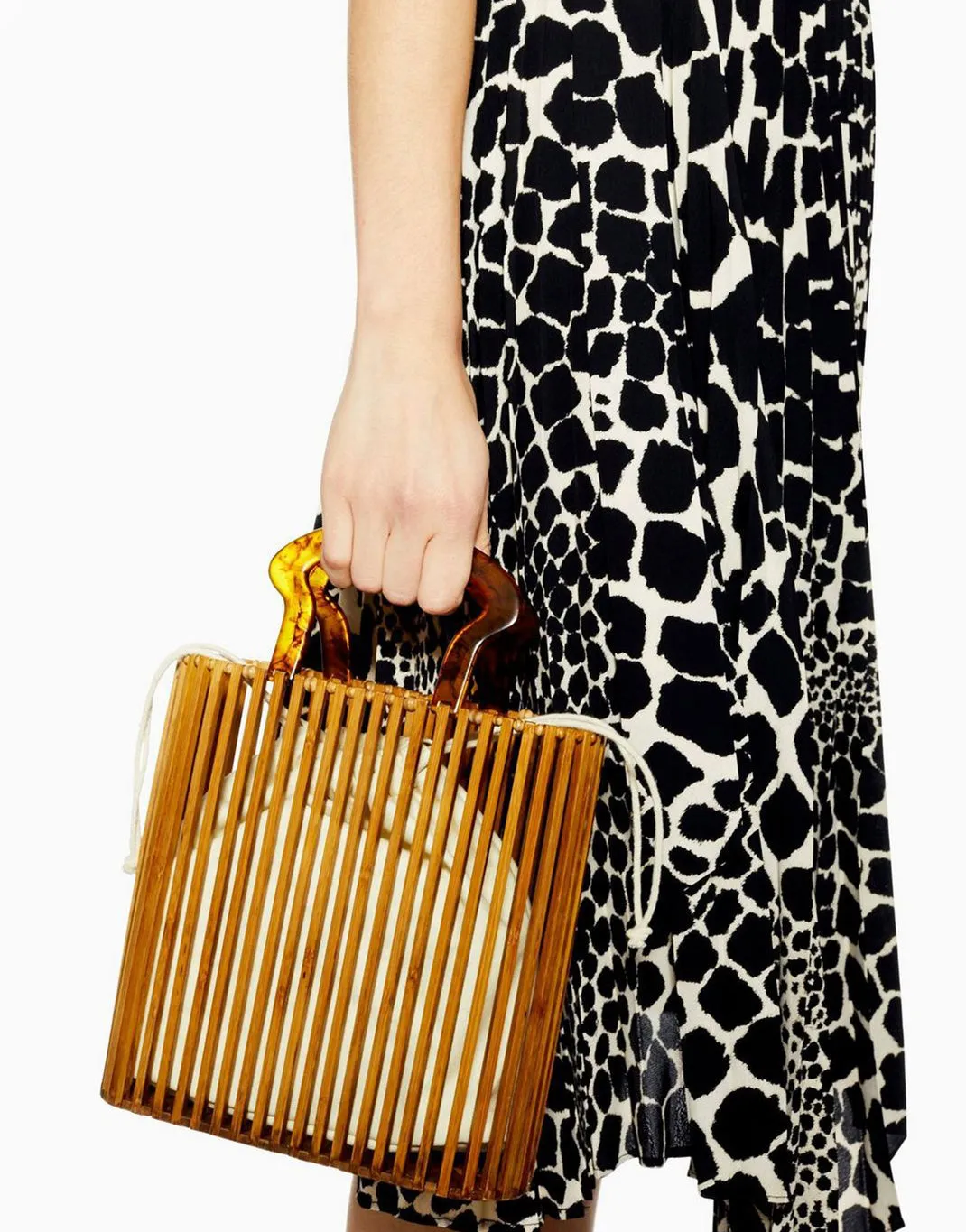 Women's Rectangular Bamboo Basket Bag Wood Bucket Bag Tortoiseshell Handle