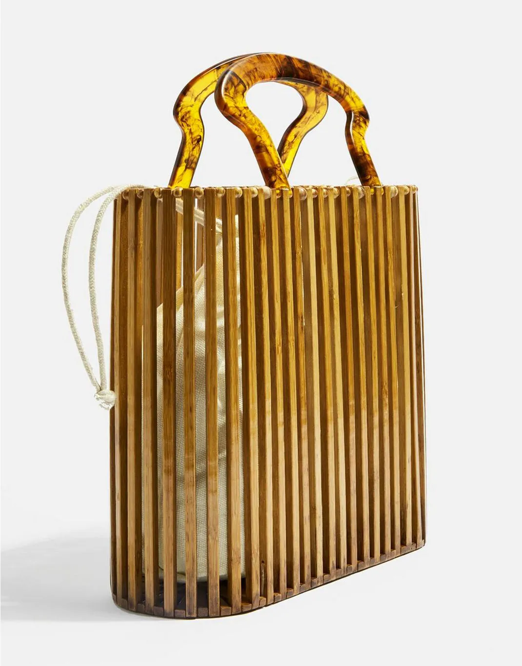 Women's Rectangular Bamboo Basket Bag Wood Bucket Bag Tortoiseshell Handle