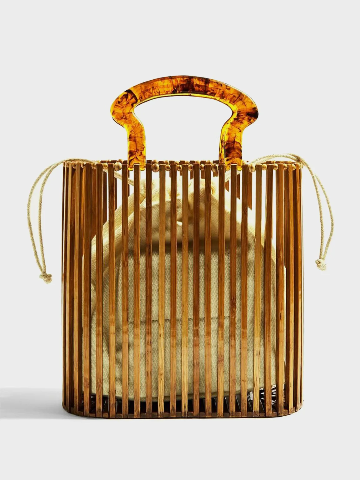 Women's Rectangular Bamboo Basket Bag Wood Bucket Bag Tortoiseshell Handle