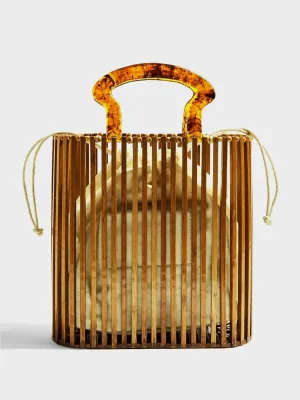 Women's Rectangular Bamboo Basket Bag Wood Bucket Bag Tortoiseshell Handle