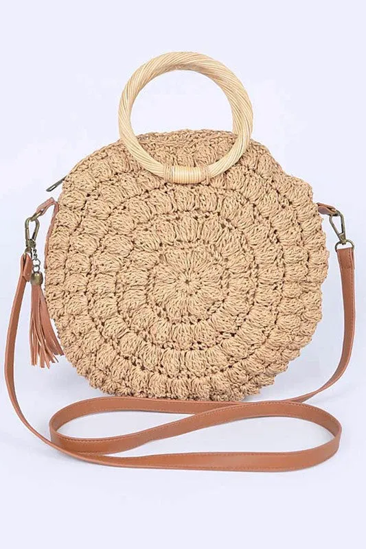 Wooden Handle Crochet Straw Circle Bag