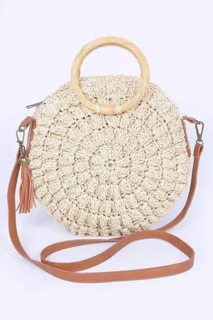 Wooden Handle Crochet Straw Circle Bag