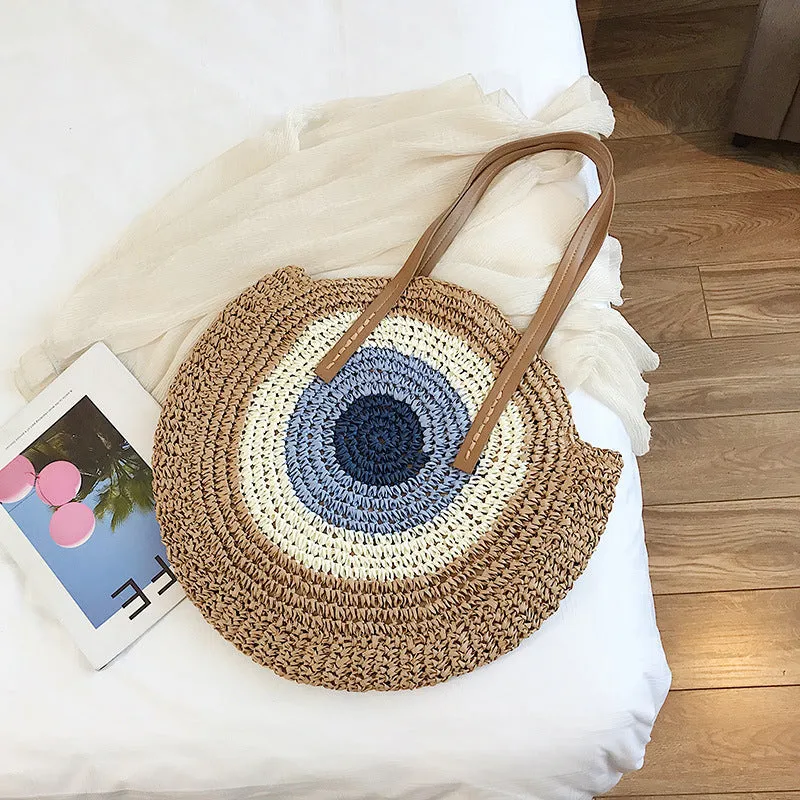 Woven Contrast Color Straw Bag Tide Fashion Large Capacity Wild Holiday Beach Bag Simple Shoulder Bag