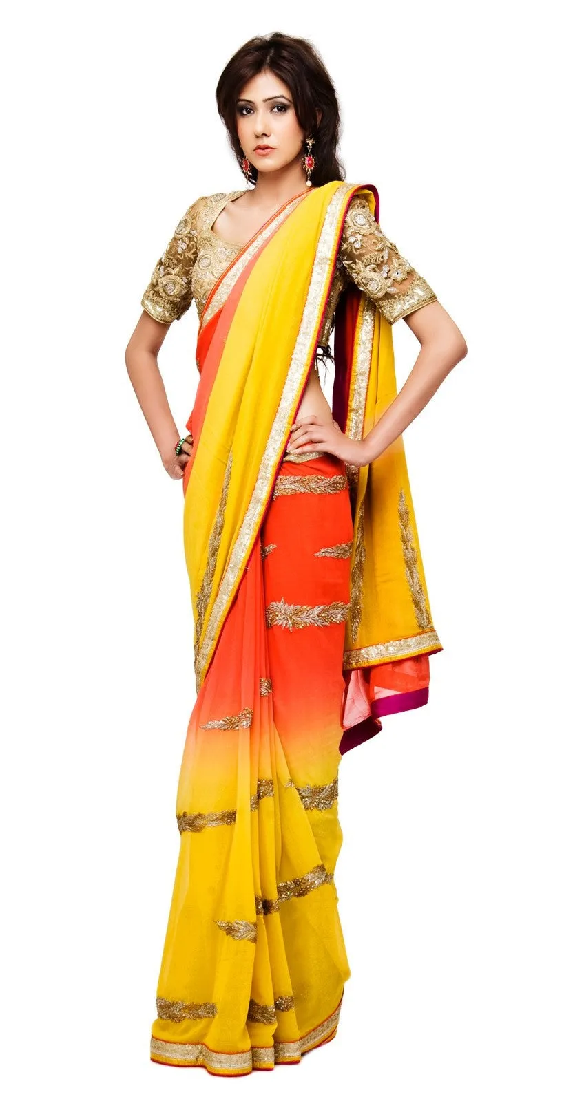 Yellow Orange Shaded Embroidered Saree Online in Australia and USA