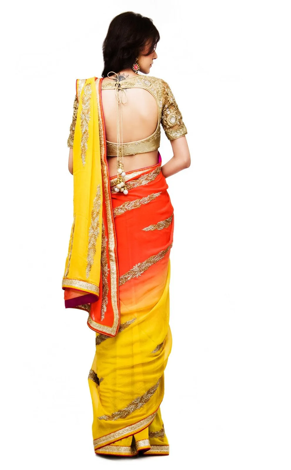 Yellow Orange Shaded Embroidered Saree Online in Australia and USA