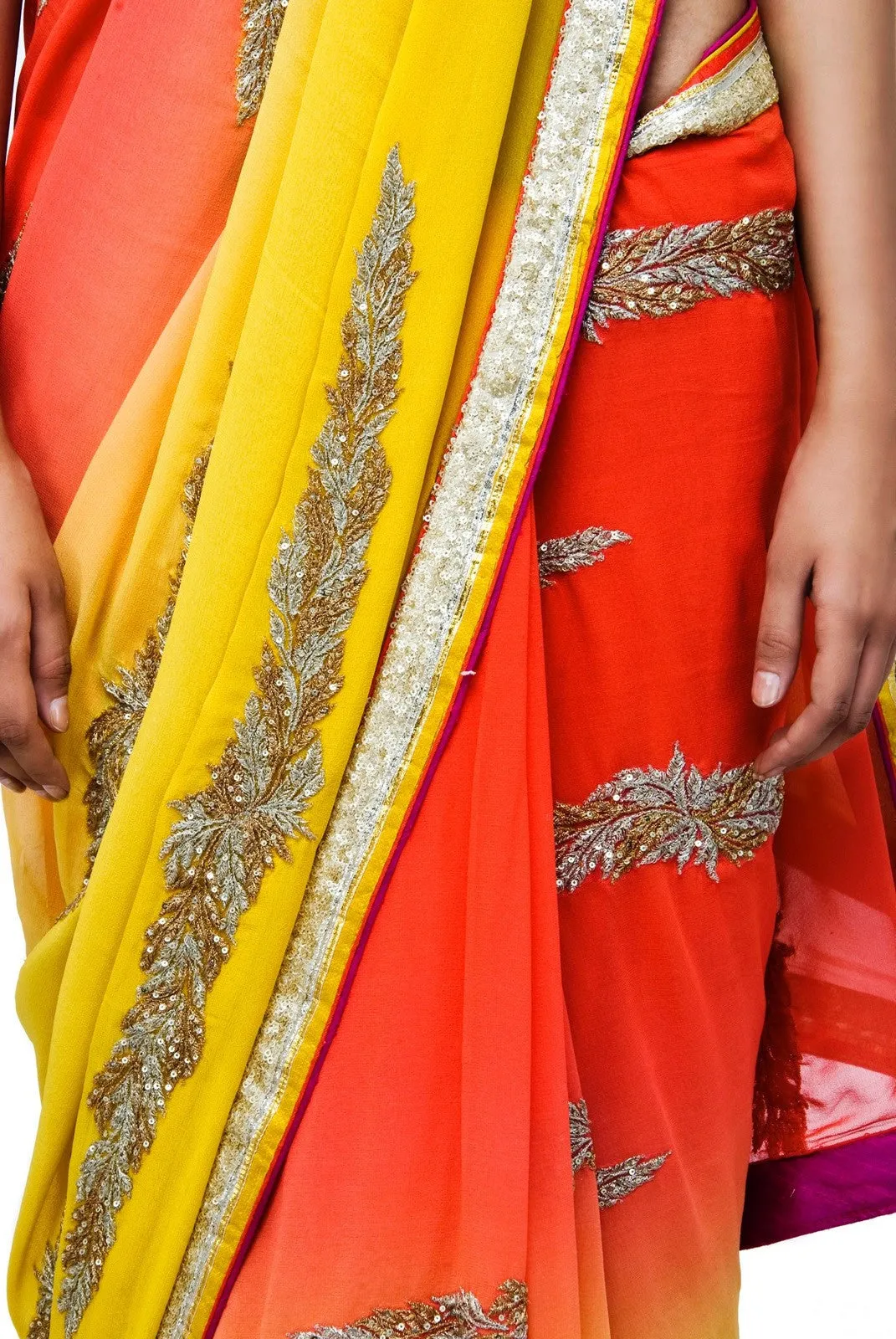 Yellow Orange Shaded Embroidered Saree Online in Australia and USA