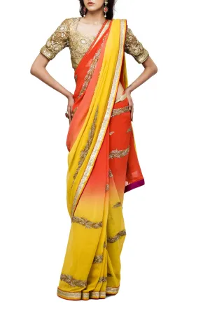 Yellow Orange Shaded Embroidered Saree Online in Australia and USA