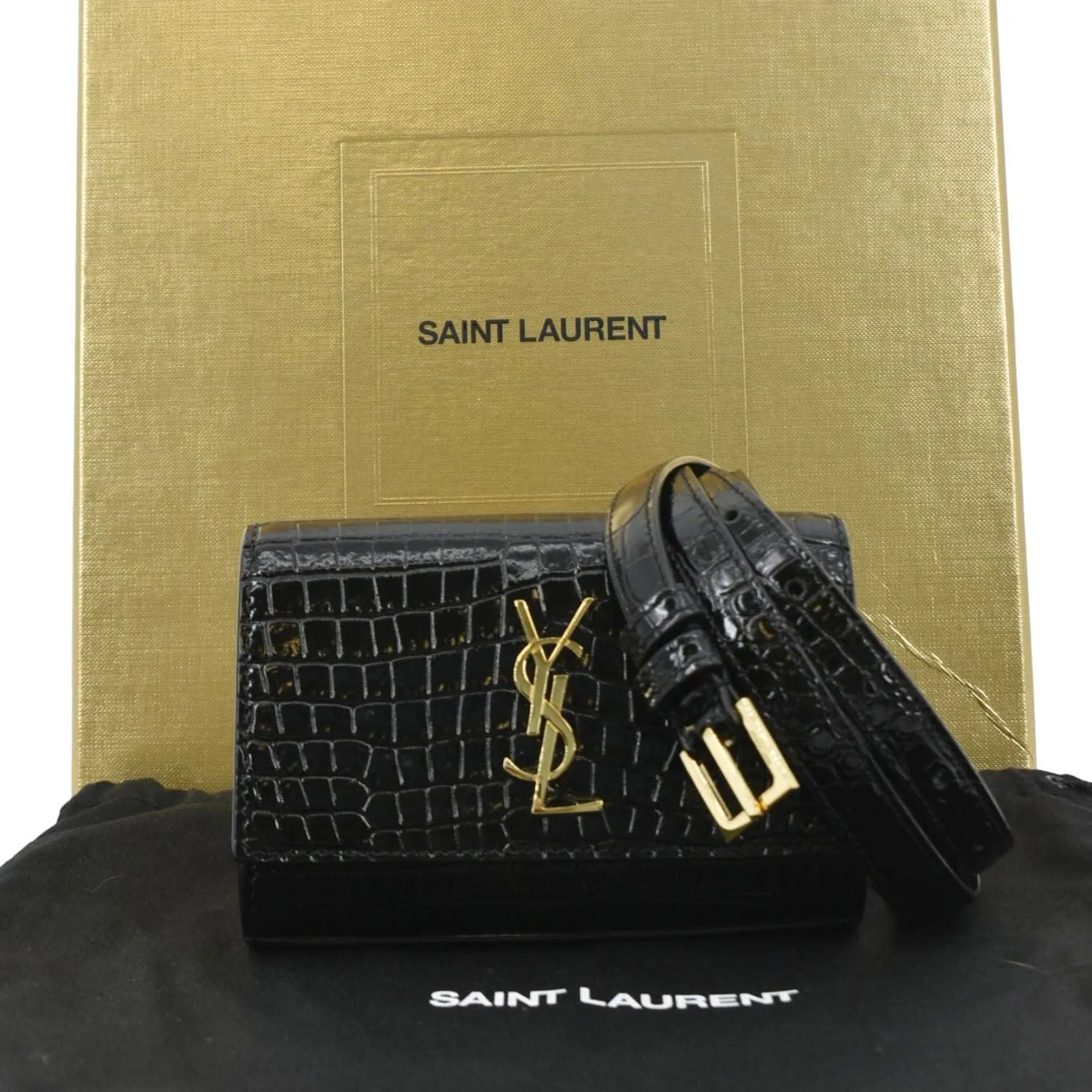 YVES SAINT LAURENT Kate Crocodile Embossed Leather Belt Bag Black